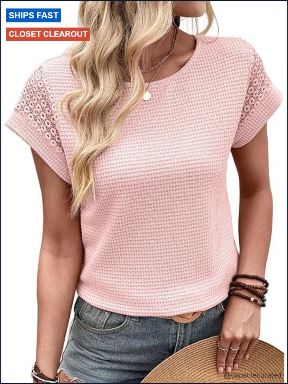 Waffle Knit Lace Short Sleeve Crewneck T-Shirt Loose Fit Casual Tee